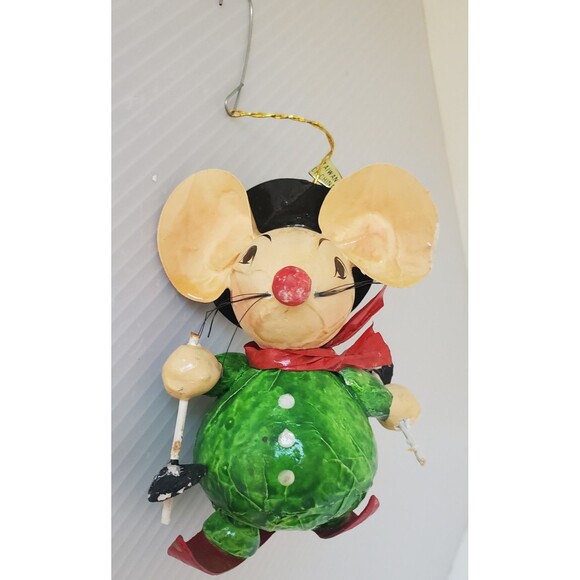 Vintage Christmas Ornament Paper Mache Witch Mouse On Skis Taiwan 1980s Folk Art - Picture 1 of 11